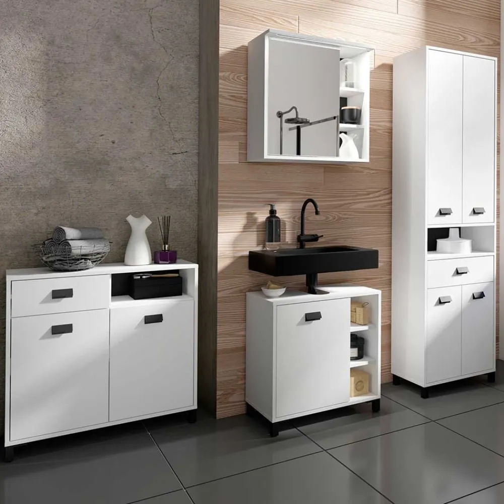 Wohnen Schränke<54 cm breiter Bad-Hochschrank in Weiß mit Schwarz - Envaton