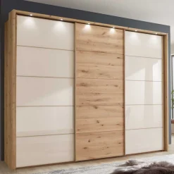 Wohnen Kleiderschränke|Schränke<300 cm breiter Schwebetürenschrank mit Glas Beige - Nikoba