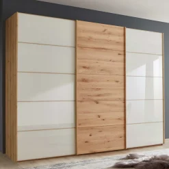 Wohnen Kleiderschränke|Schränke<300 cm breiter Schwebetürenschrank mit Glas Beige - Nikoba