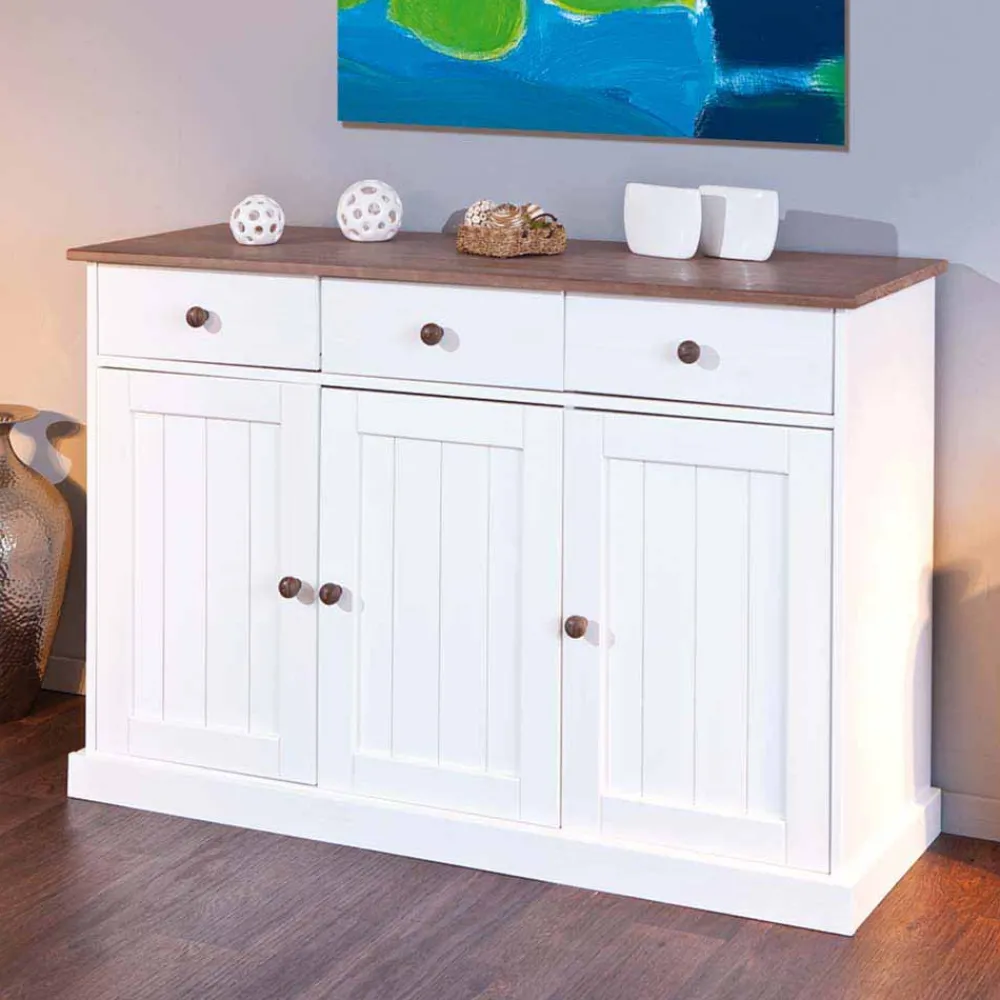 Wohnen Sideboards<130 cm Kiefer Sideboard in Weiß Braun - Vatina