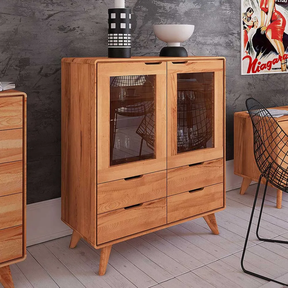 Wohnen Highboards|Vitrinen<110 cm niedrige Holzvitrine aus Kernbuche - Junola