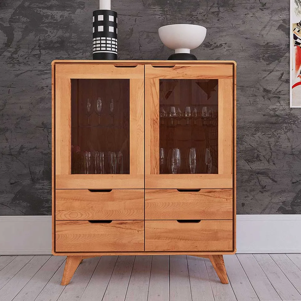Wohnen Highboards|Vitrinen<110 cm niedrige Holzvitrine aus Kernbuche - Junola