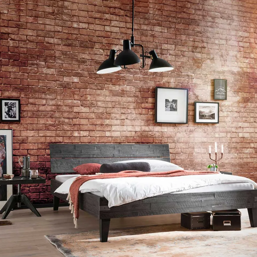 Wohnen Betten<Akazienholz Bett in Grau - Friedel