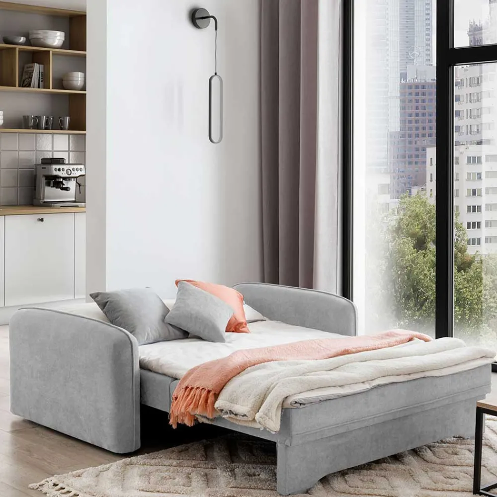 Wohnen Sofas<Ausklappbare Couch in Hellgrau Veloursbezug - Kidur