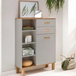 Wohnen Highboards<Bad Highboard in Platingrau und Eiche - Nienzo