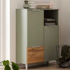 Wohnen Schränke<Badezimmer Highboard in Graugrün und Eiche - Liz