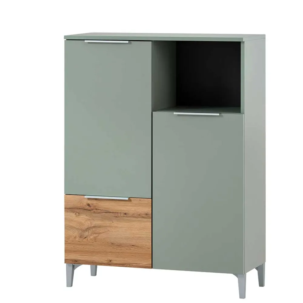 Wohnen Schränke<Badezimmer Highboard in Graugrün und Eiche - Liz
