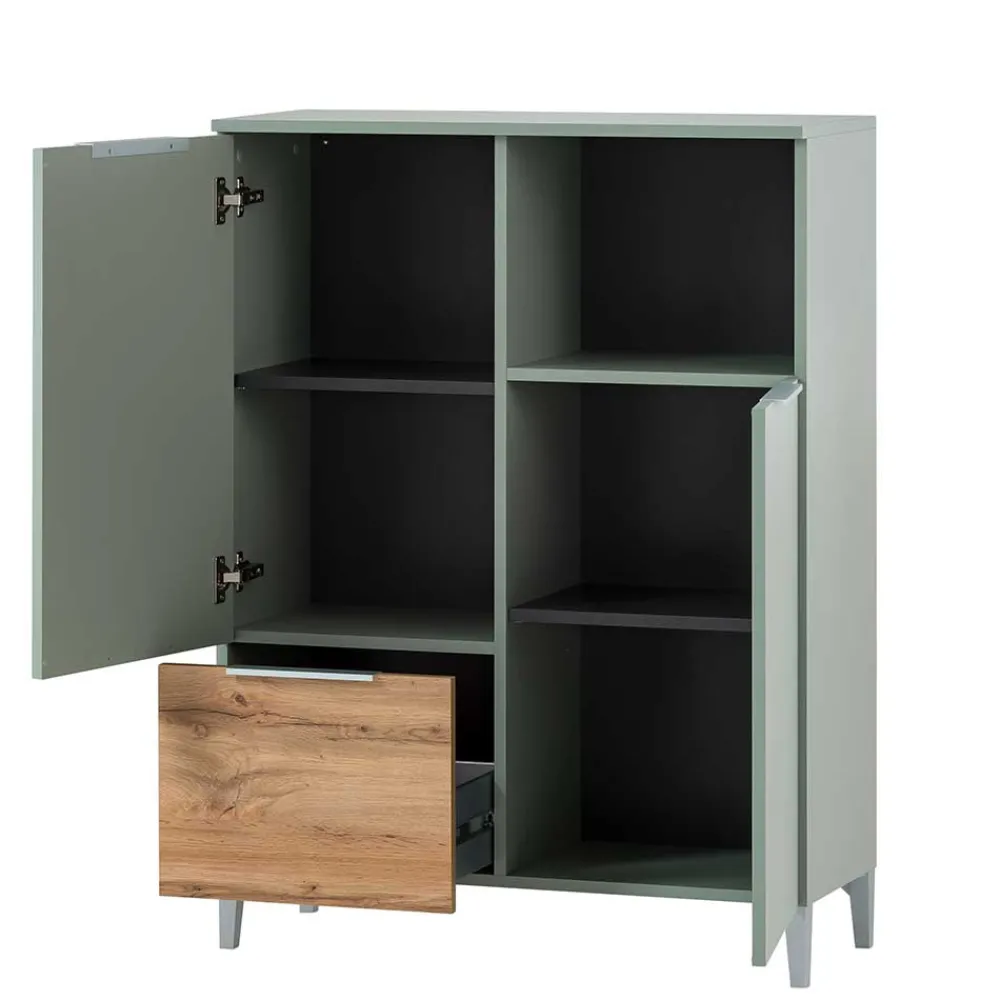 Wohnen Schränke<Badezimmer Highboard in Graugrün und Eiche - Liz