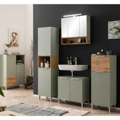 Wohnen Schränke<Badezimmer Highboard in Graugrün und Eiche - Liz