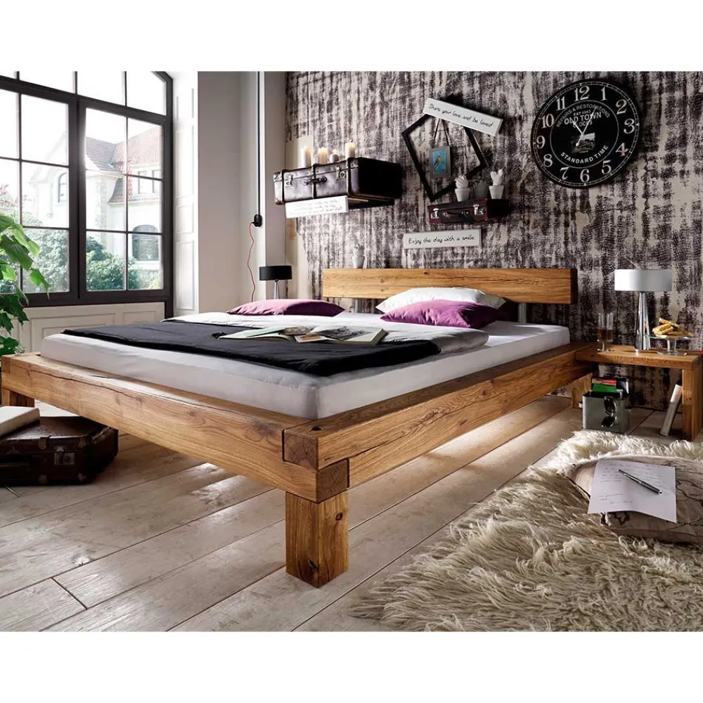 Wohnen Betten<Balken-Doppelbett mit Nachttischen im Set Housten aus Wildeiche massiv (dreiteilig)