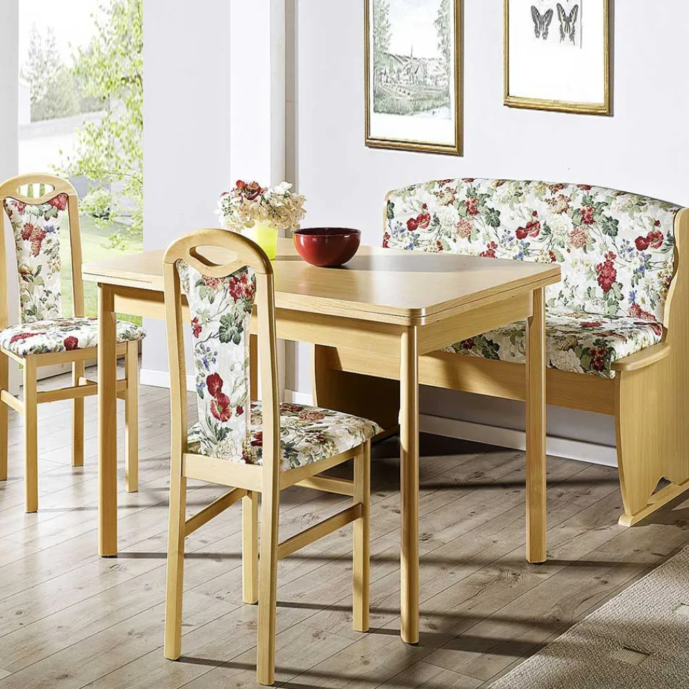 Wohnen Sitzgruppe<Bankgruppe in Buche & Blumen Muster Stoff Apollo mit Ausziehtisch (vierteilig)