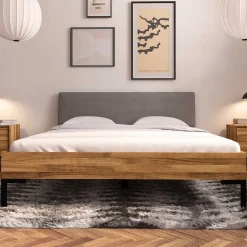 Wohnen Betten<Bett mit Wildeiche Rahmen & Polsterkopfteil in Grau - Kerfa