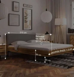 Wohnen Betten<Bett mit Wildeiche Rahmen & Polsterkopfteil in Grau - Kerfa