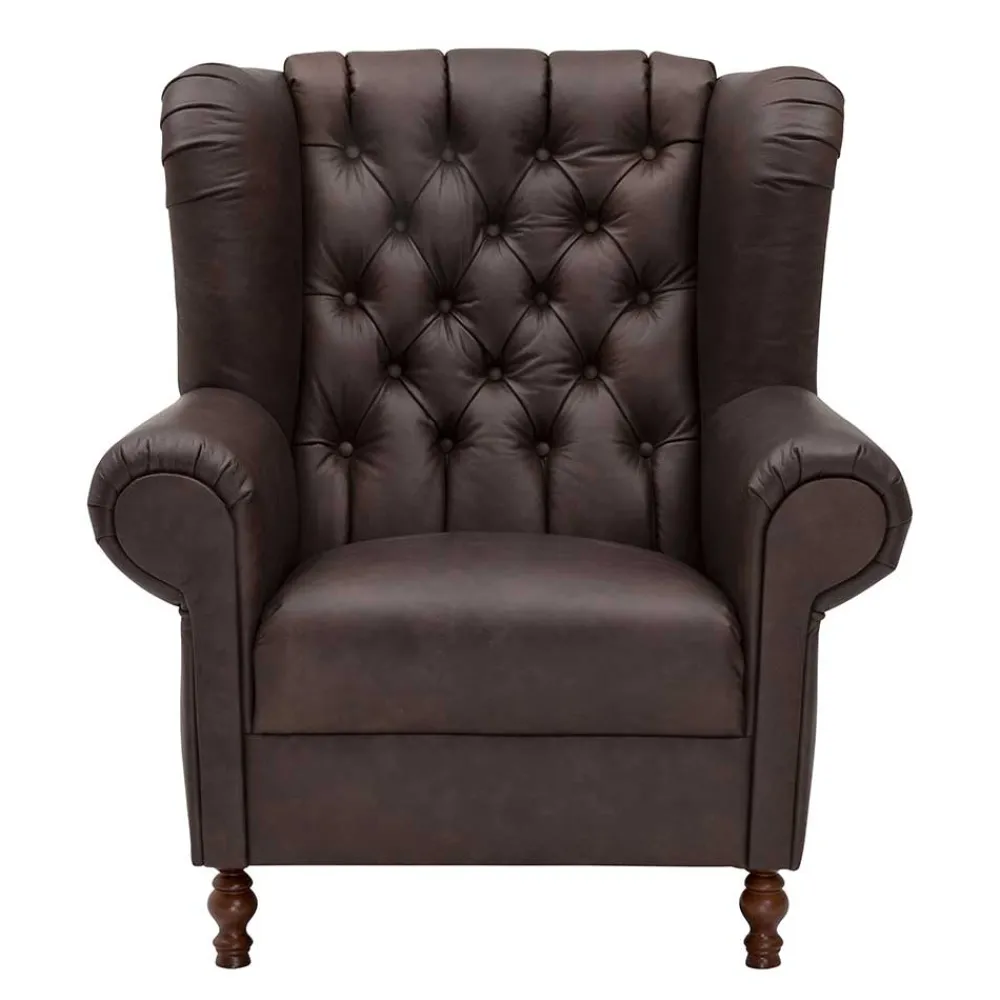 Wohnen Sessel<Brauner Federkernsessel mit Lederbezug - Chesterfield - Esmea