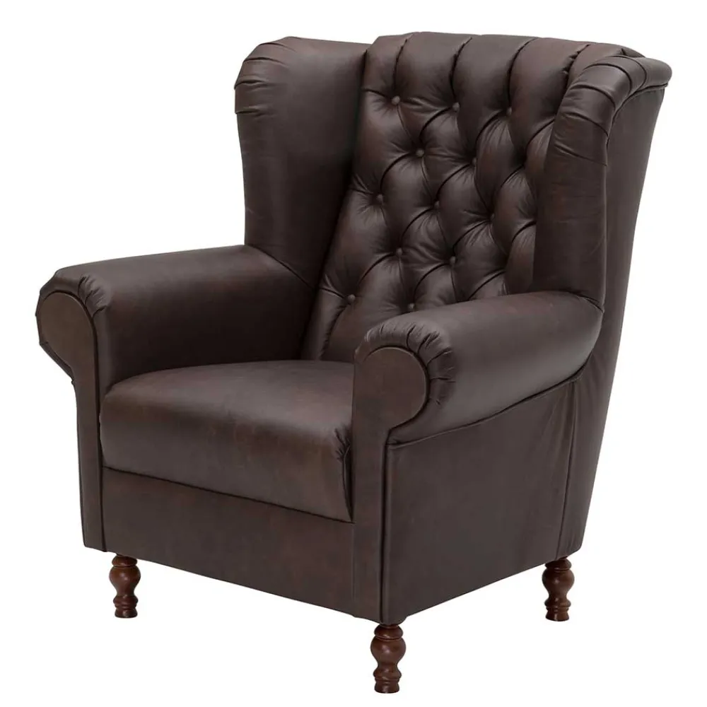 Wohnen Sessel<Brauner Federkernsessel mit Lederbezug - Chesterfield - Esmea
