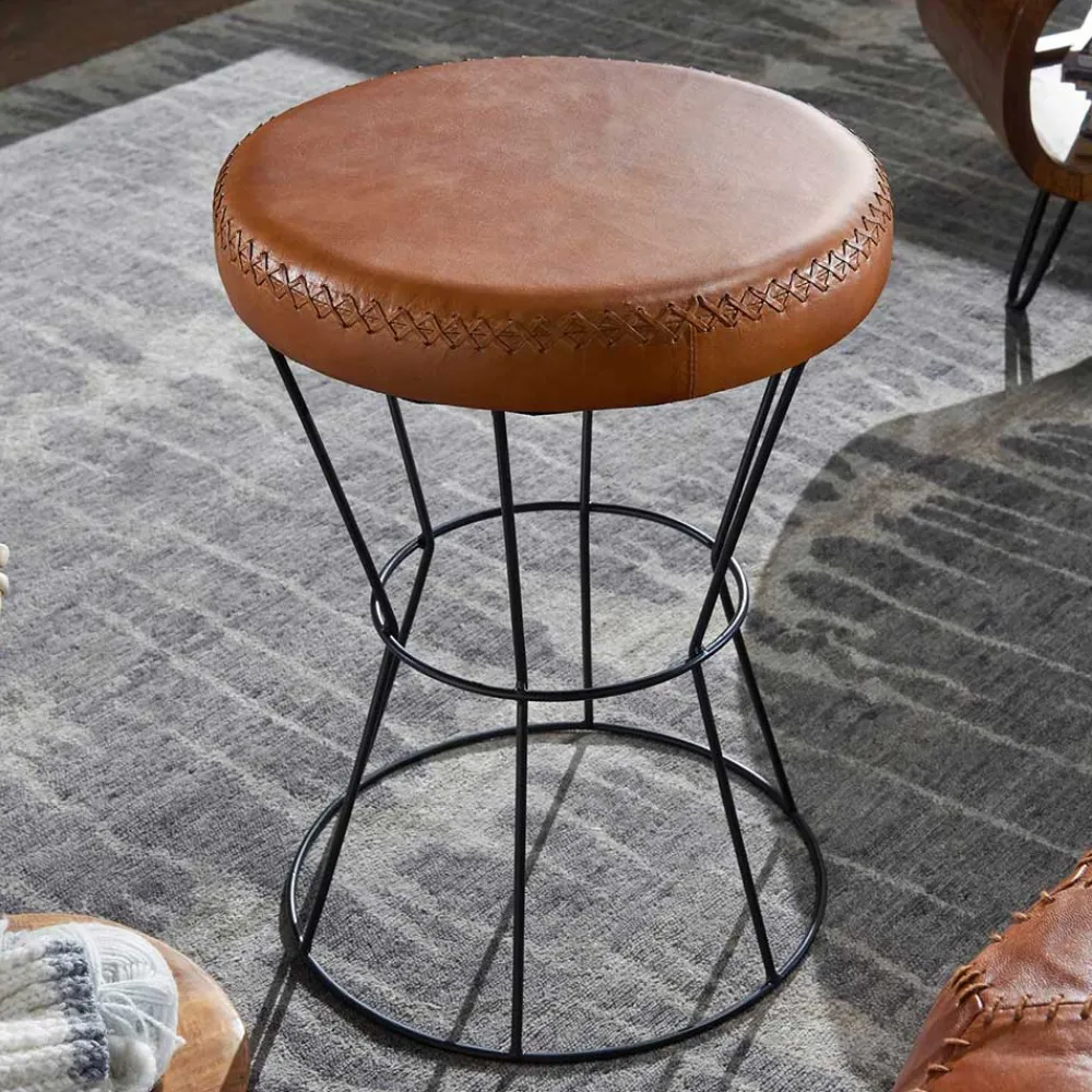 Wohnen Hocker<Brauner Lederhocker mit rundem Sitz - Cintago