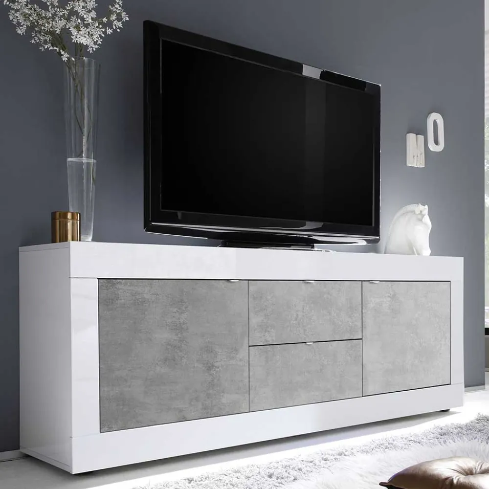 Wohnen Tv & Hifi-Möbel<Breites TV Board in Weiß HG & Betonoptik - Narandu