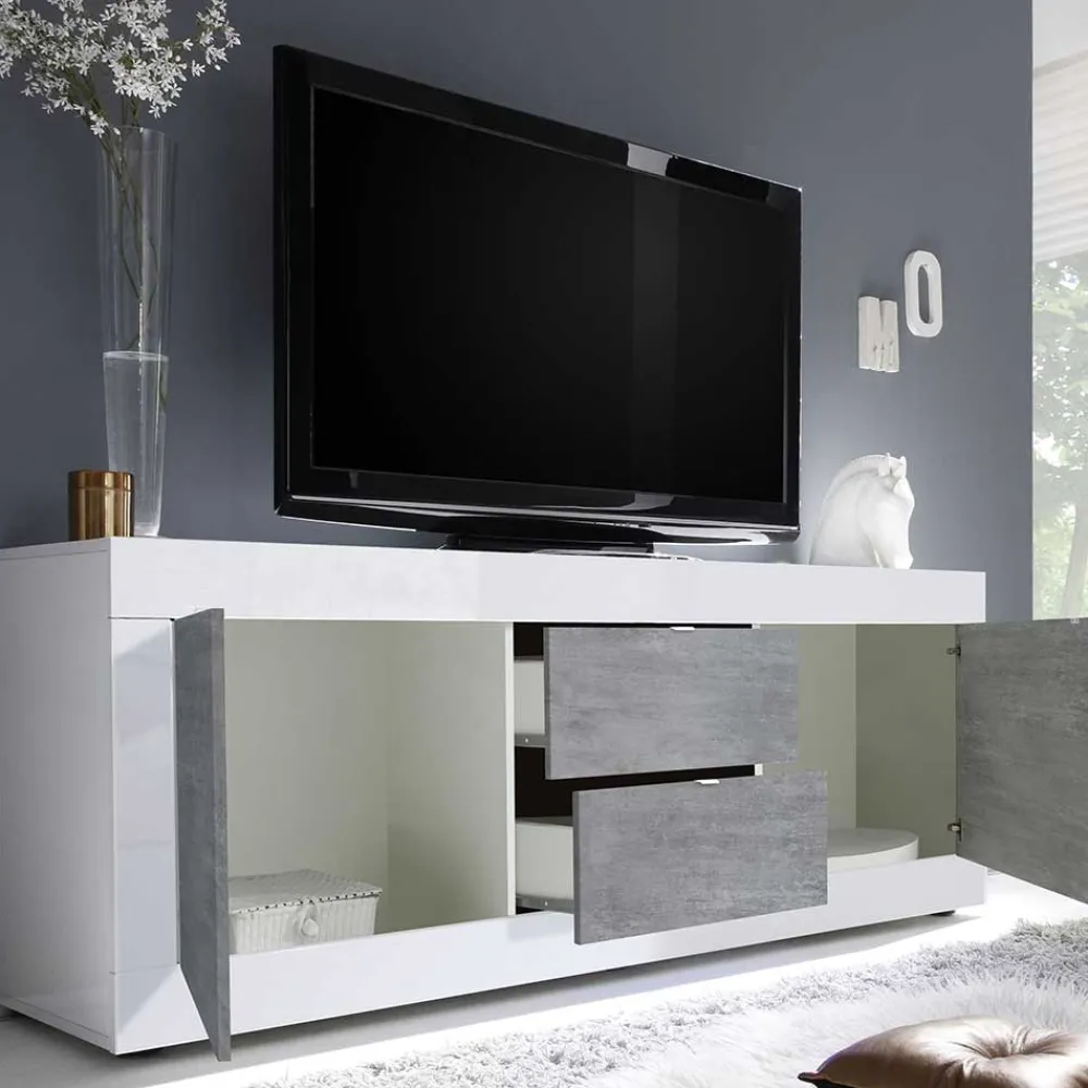 Wohnen Tv & Hifi-Möbel<Breites TV Board in Weiß HG & Betonoptik - Narandu