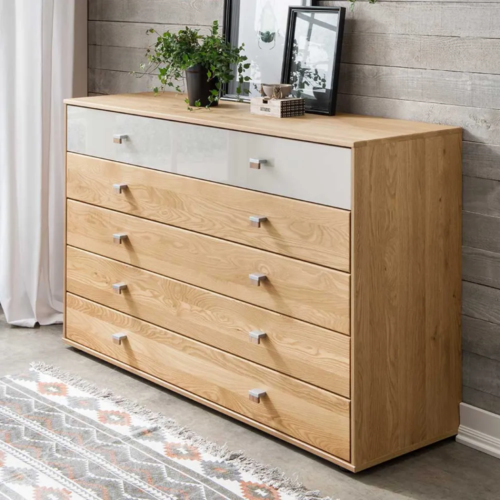 Wohnen Sideboards<141cm 5 Schubladen Kommode in Eiche & Beige - Emdsiva