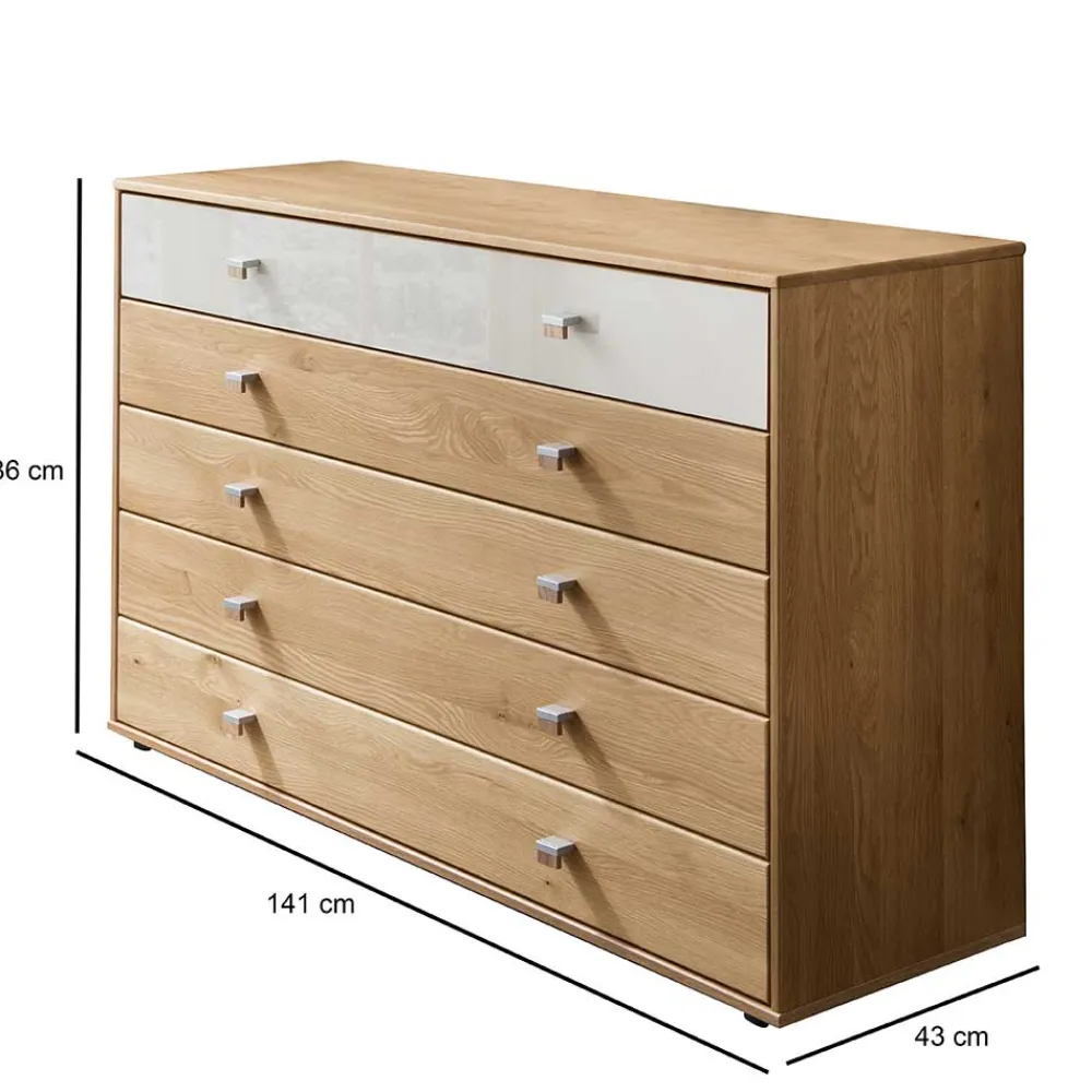 Wohnen Sideboards<141cm 5 Schubladen Kommode in Eiche & Beige - Emdsiva