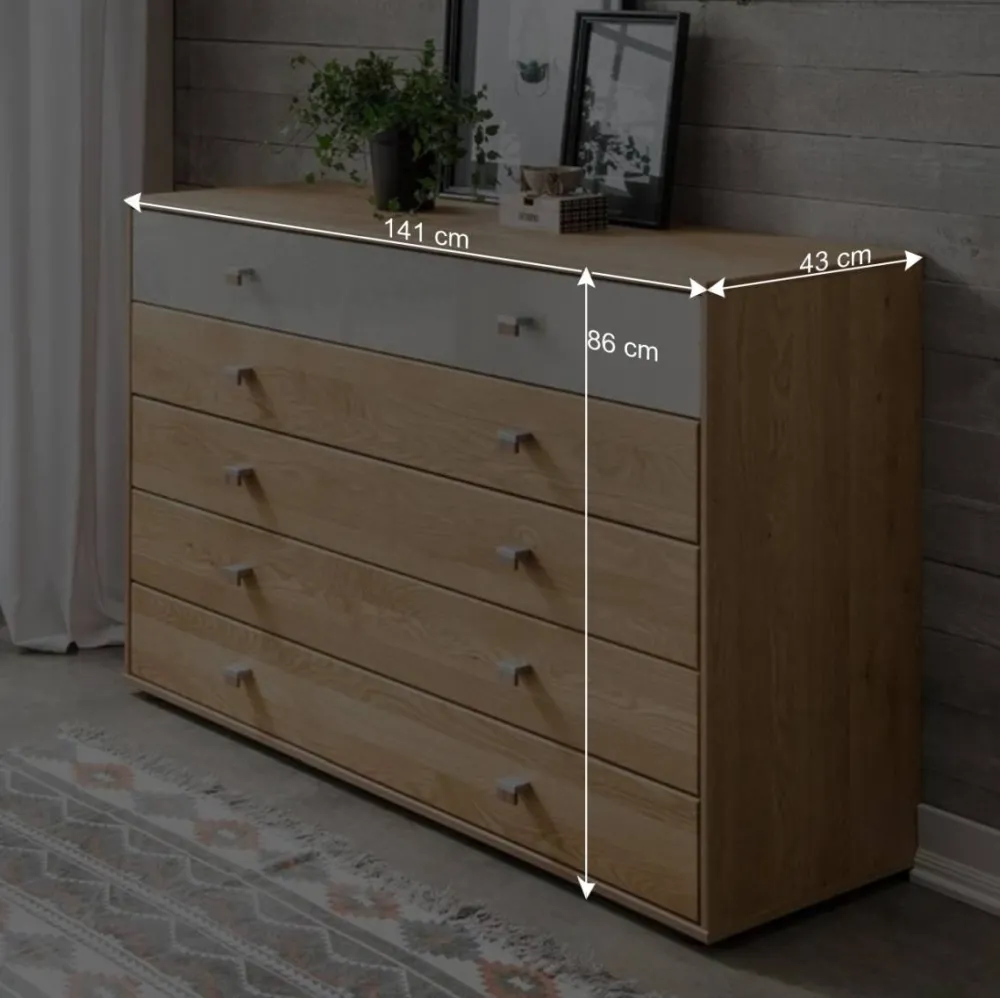 Wohnen Sideboards<141cm 5 Schubladen Kommode in Eiche & Beige - Emdsiva