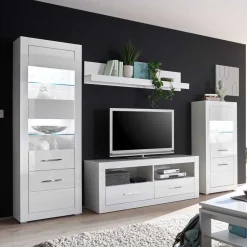 Wohnen Wohnwände<280cm breite Schrankwand in Weiß Hochglanz Yulis optional mit LED (vierteilig)