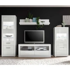 Wohnen Wohnwände<280cm breite Schrankwand in Weiß Hochglanz Yulis optional mit LED (vierteilig)