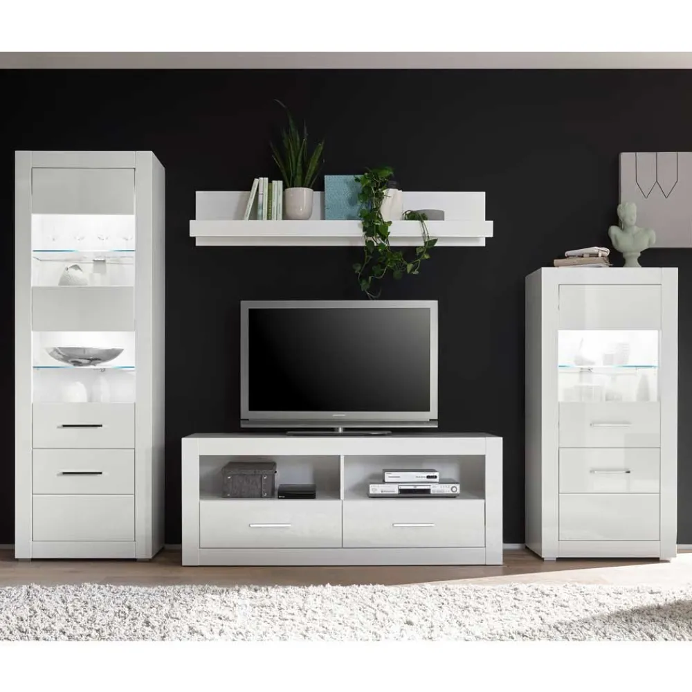Wohnen Wohnwände<280cm breite Schrankwand in Weiß Hochglanz Yulis optional mit LED (vierteilig)