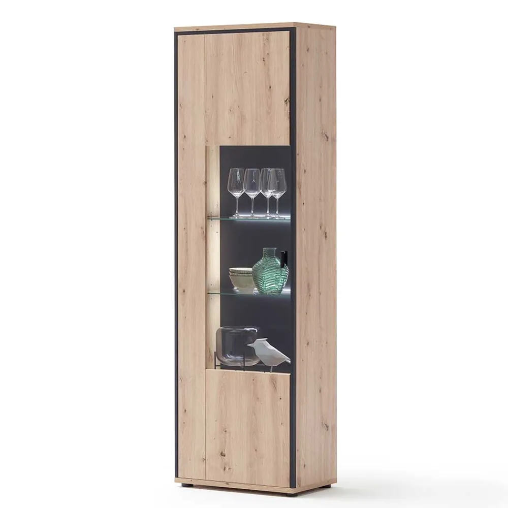 Wohnen Vitrinen<63cm breite Standvitrine in Eiche Holz Dekor - Nikdus