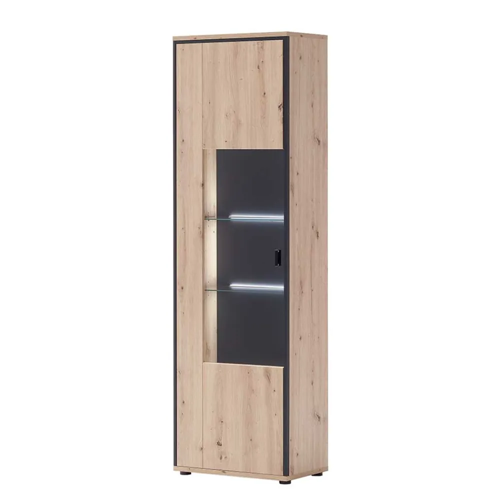 Wohnen Vitrinen<63cm breite Standvitrine in Eiche Holz Dekor - Nikdus