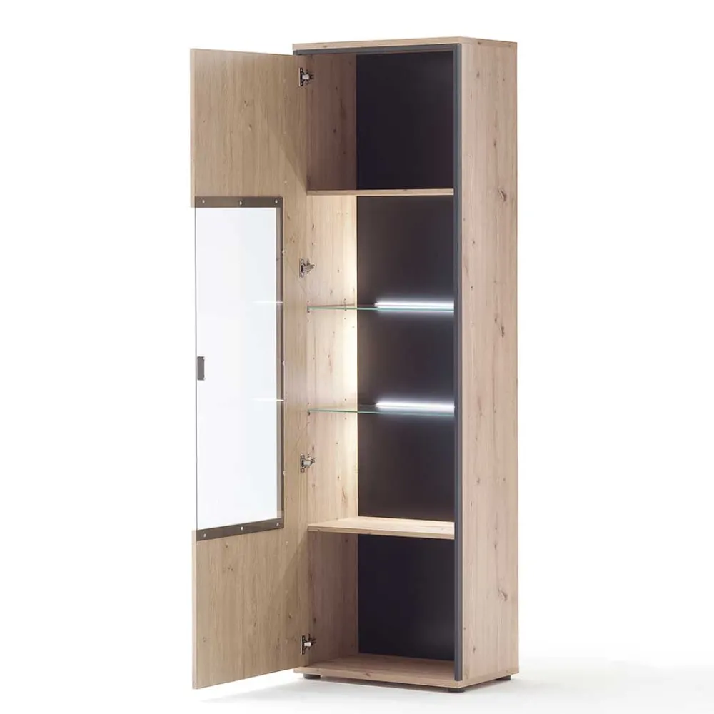 Wohnen Vitrinen<63cm breite Standvitrine in Eiche Holz Dekor - Nikdus