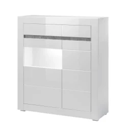 Wohnen Highboards|Vitrinen<100cm breite Vitrine in Weiß Hochglanz Mextra mit Beton Dekor abgesetzt