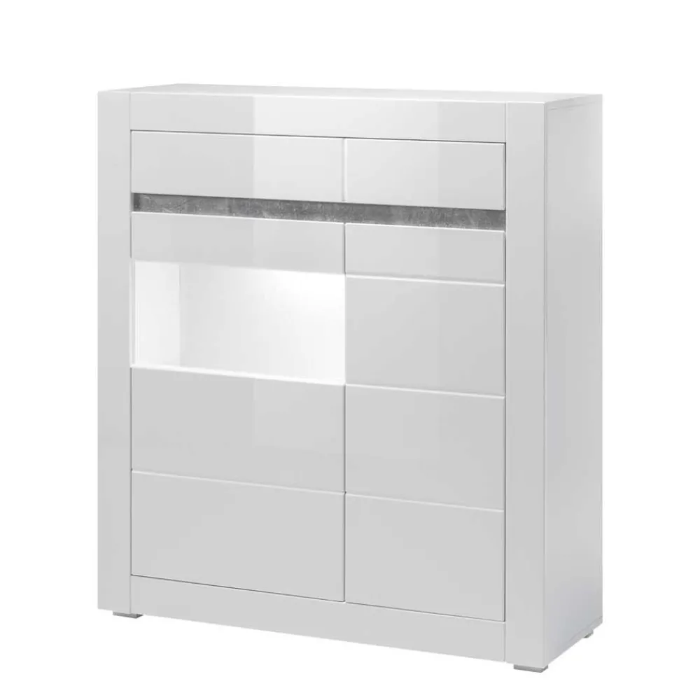 Wohnen Highboards|Vitrinen<100cm breite Vitrine in Weiß Hochglanz Mextra mit Beton Dekor abgesetzt