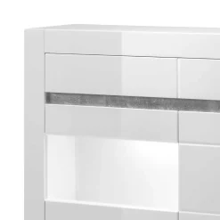 Wohnen Highboards|Vitrinen<100cm breite Vitrine in Weiß Hochglanz Mextra mit Beton Dekor abgesetzt