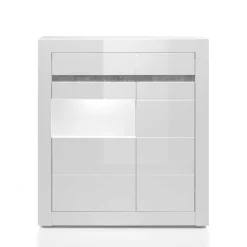 Wohnen Highboards|Vitrinen<100cm breite Vitrine in Weiß Hochglanz Mextra mit Beton Dekor abgesetzt