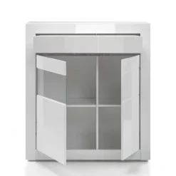 Wohnen Highboards|Vitrinen<100cm breite Vitrine in Weiß Hochglanz Mextra mit Beton Dekor abgesetzt