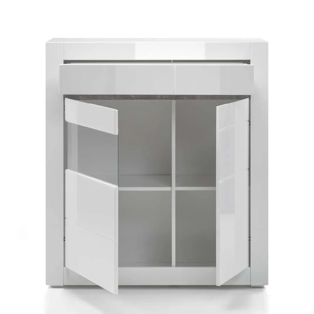 Wohnen Highboards|Vitrinen<100cm breite Vitrine in Weiß Hochglanz Mextra mit Beton Dekor abgesetzt