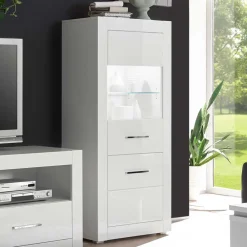 Wohnen Vitrinen<142cm hohe Vitrine in Hochglanz Weiß Yulis 2-türig mit Glaseinsatz