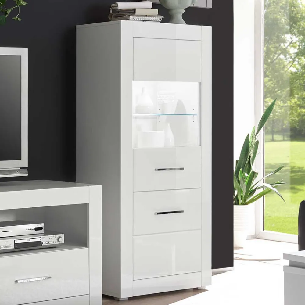 Wohnen Vitrinen<142cm hohe Vitrine in Hochglanz Weiß Yulis 2-türig mit Glaseinsatz