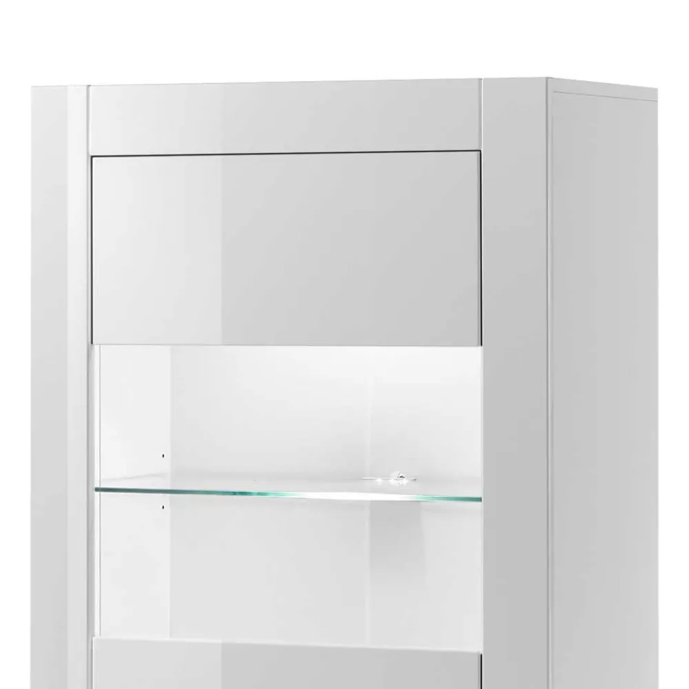 Wohnen Vitrinen<142cm hohe Vitrine in Hochglanz Weiß Yulis 2-türig mit Glaseinsatz