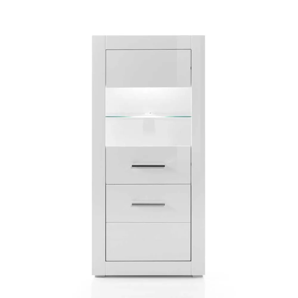 Wohnen Vitrinen<142cm hohe Vitrine in Hochglanz Weiß Yulis 2-türig mit Glaseinsatz