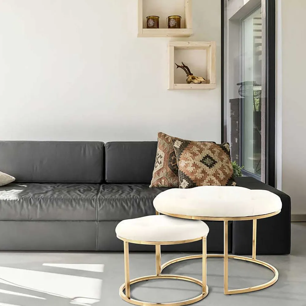 Wohnen Hocker<Couchhocker Set in Cremeweiß mit Gold - Gauri (zweiteilig)