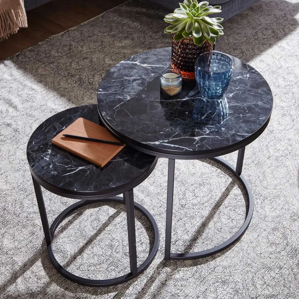 Wohnen Tische<Couchtisch Set in Marmoroptik Schwarz - Melks (zweiteilig)