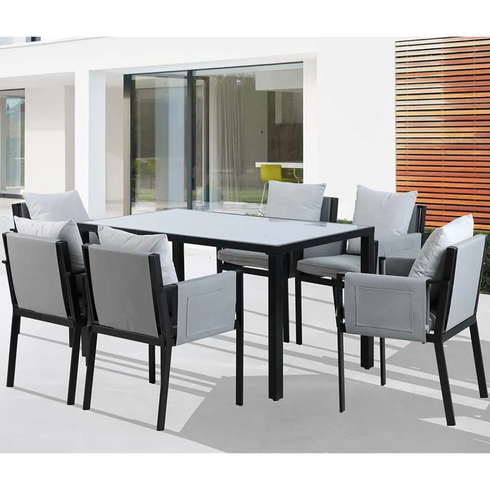 Wohnen Sitzgruppe<Design Garten-Essgruppe in Grau & Schwarz - Geraldine (siebenteilig)