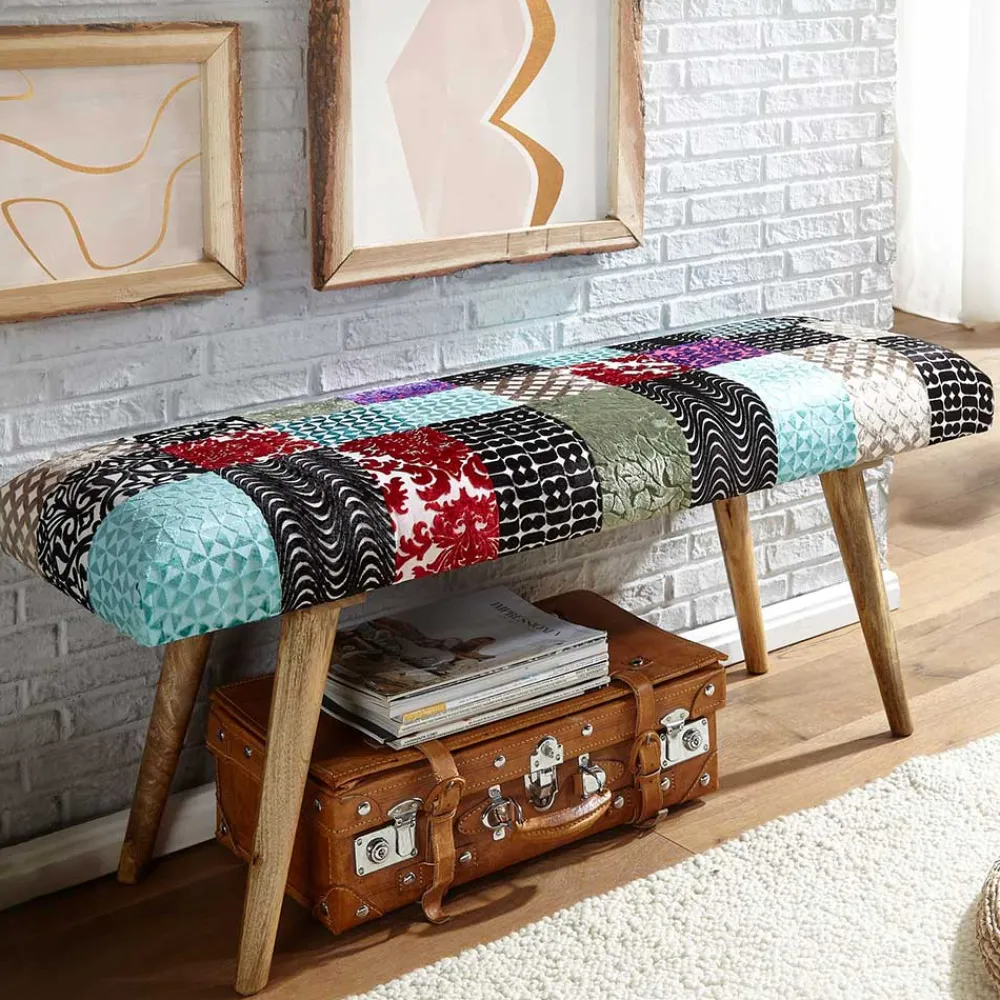 Wohnen Sitzbank<Design Polsterbank mit Samt Patchwork Bezug - Clarisa