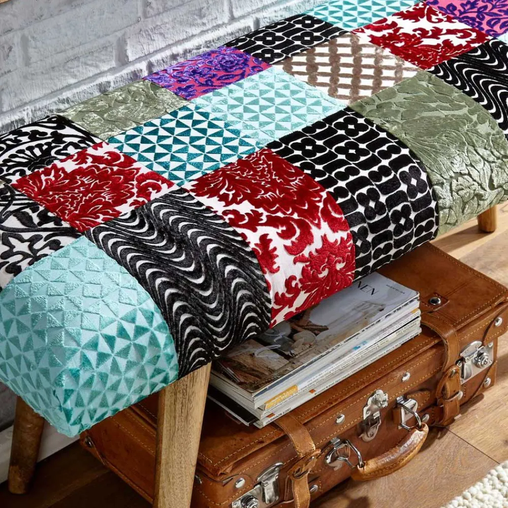 Wohnen Sitzbank<Design Polsterbank mit Samt Patchwork Bezug - Clarisa