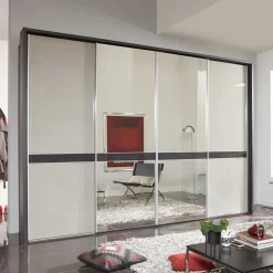 Wohnen Kleiderschränke|Schränke<Design Schrank mit Spiegel & Glas Front Hellgrau - Capolyna