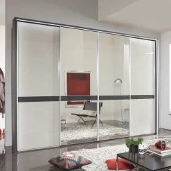 Wohnen Kleiderschränke|Schränke<Design Schrank mit Spiegel & Glas Front Hellgrau - Capolyna