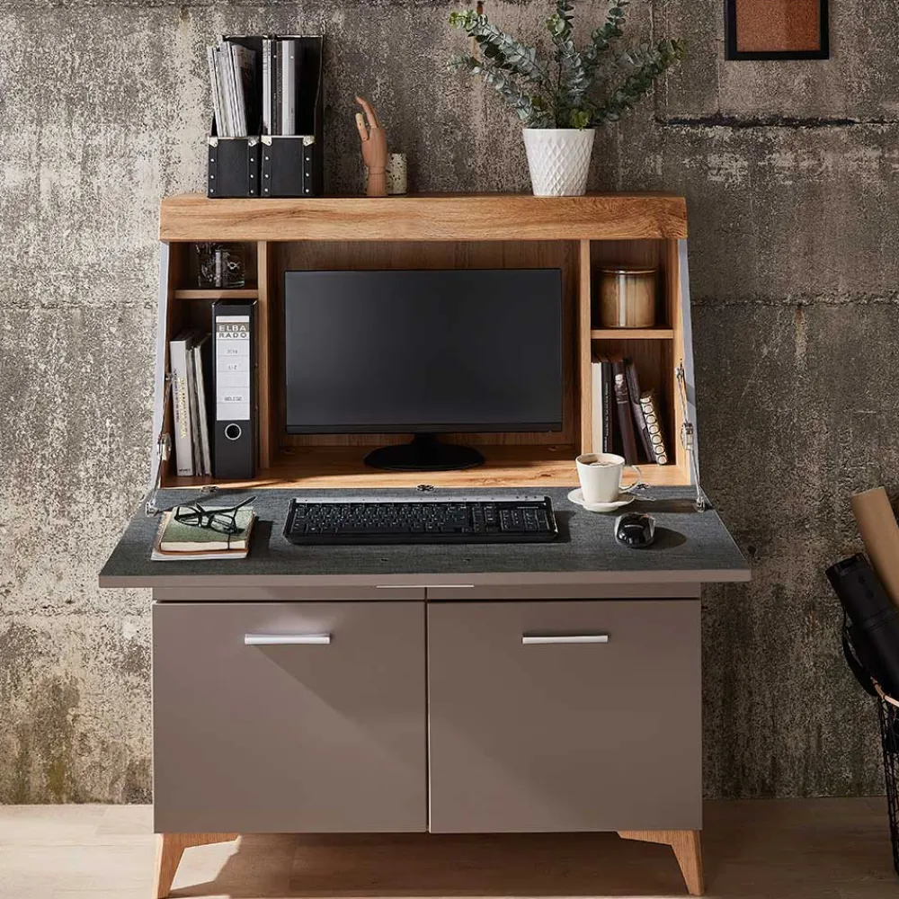 Wohnen Highboards<Design Sekretär in Grau & Eiche NB - Zella