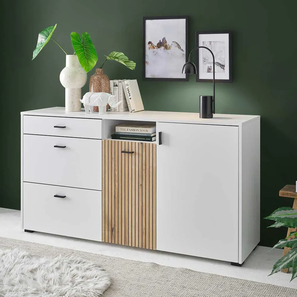 Wohnen Sideboards<Design Sideboard in Mattweiß mit Wildeiche - Nenaloro